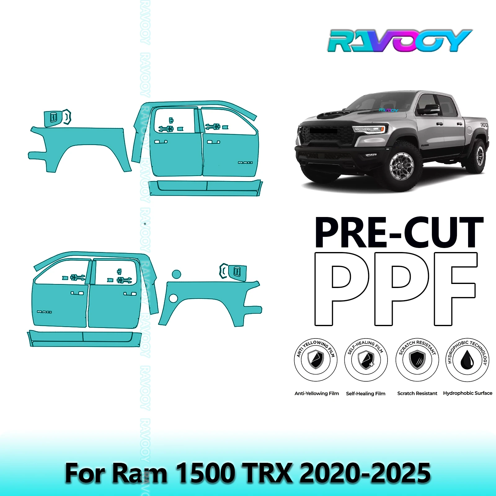 ل Ram 1500 TRX 2020-2025 8.5mil واضح ماتي قبل قطع باب PPF ومجموعة عمود A/B مجموعة طبقة حماية الطلاء من البولي يوريثان #1