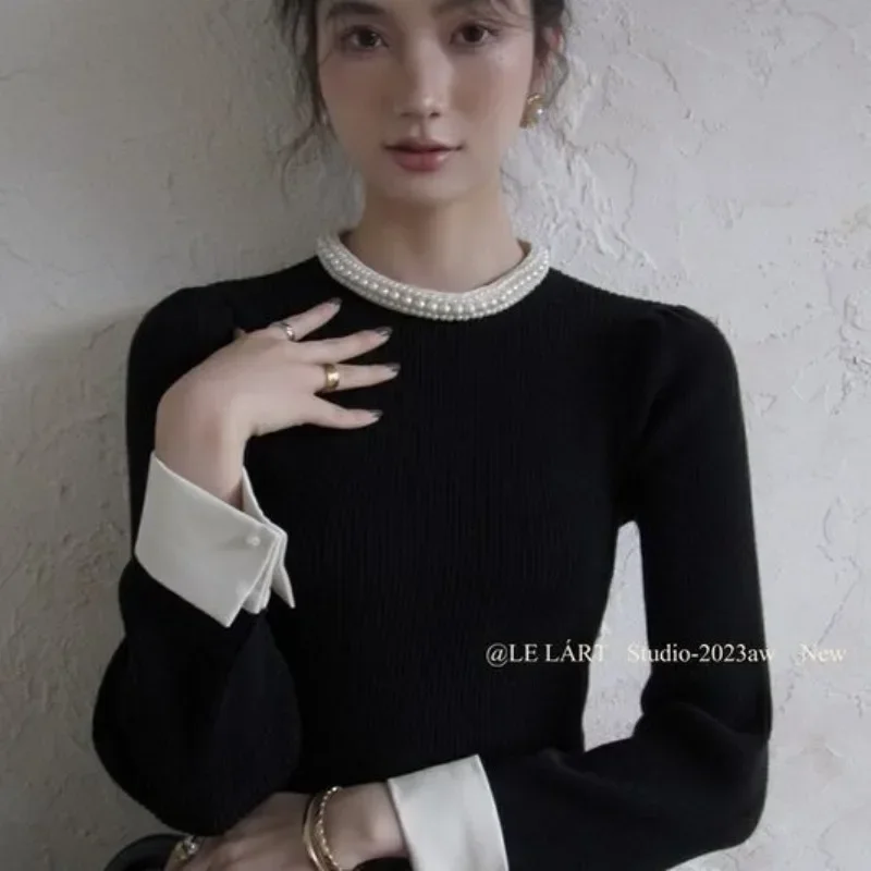 

2024 Women's Elegant Beaded Pullover Sweater, Slim Fit Long Sleeve Tops, Half High Neck Autumn Black Knitwear
