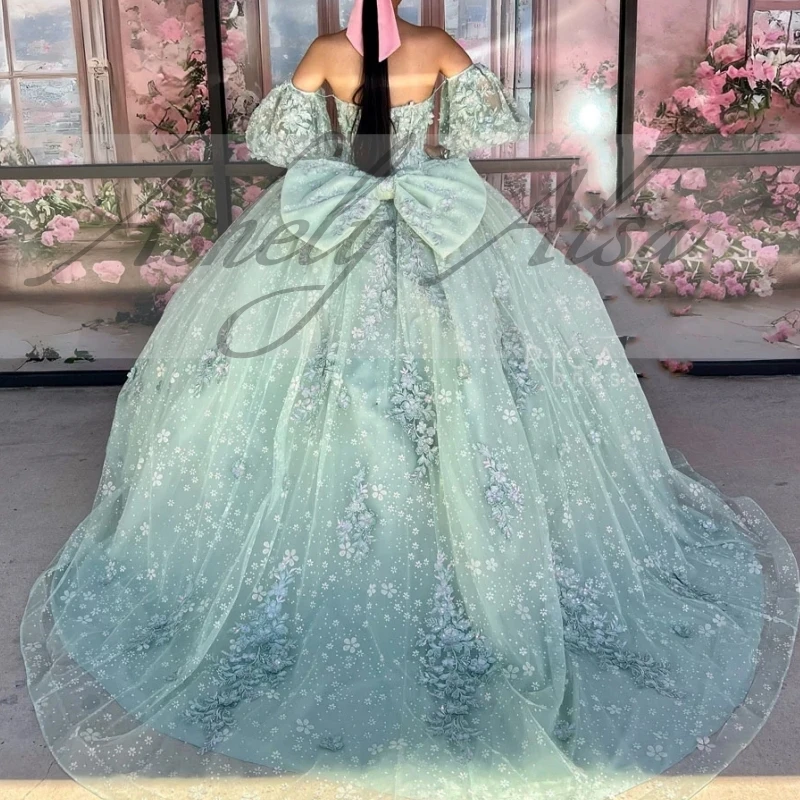 مخصص حكيم الأخضر 15 فتاة Quinceanera ثوب ثوب قبالة الكتف الدانتيل زين مشد المرأة عيد ميلاد حزب اللباس ملابس حفلة موسيقية