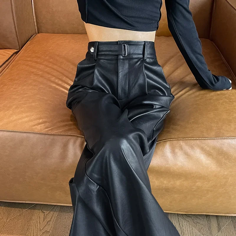 Black Matte PU Leather Bell Bottoms Women's High-Waisted Draped Slimming Casual Loose-Fit Trousers Autumn/Winter 2024