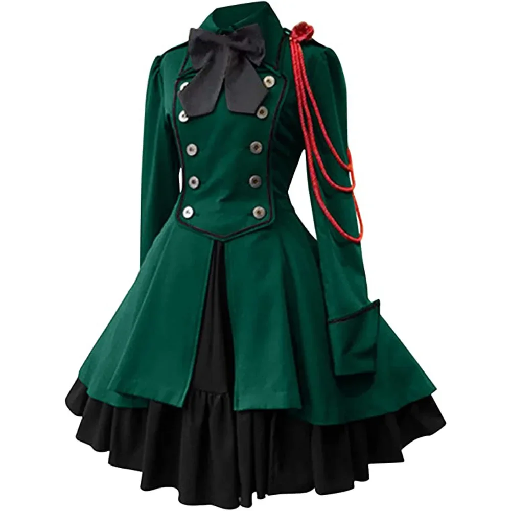 

Medieval Retro Gothic Black Chain Halloween Cosplay Costume Bowknot College Style Dress Coat Long Sleeves Ruffles Classic Outfit