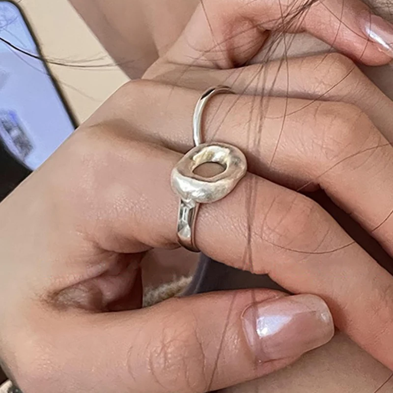 Foxanry Minimalist Silver Color Party Rings for Women Korean Cute Creative Design Hollow Scrub Geometric Finger Jewelry Кольцо