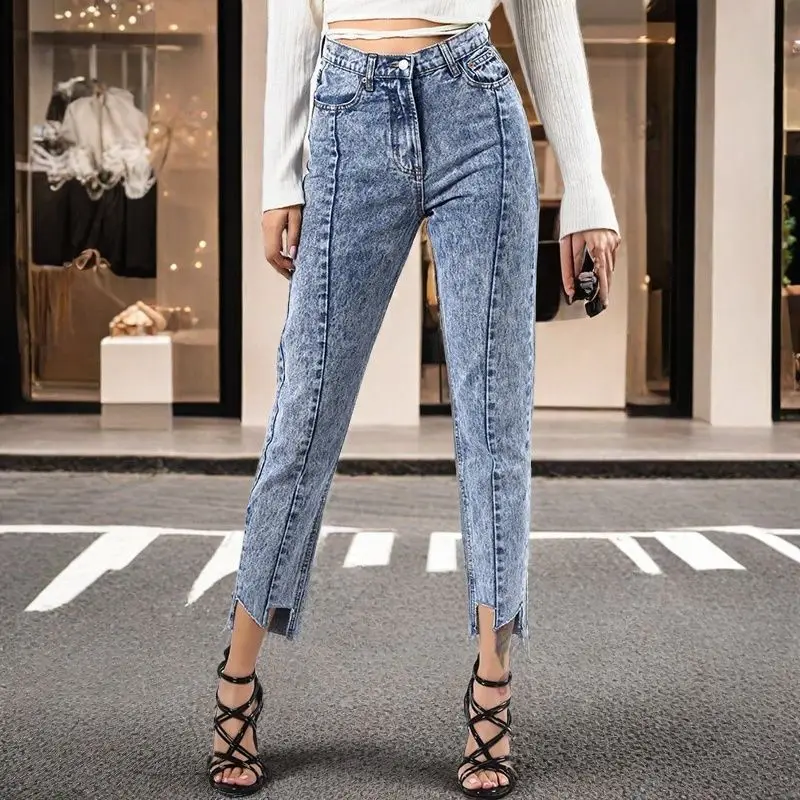 

High Waist Straight Leg Jeans Women Vintage Denim Cropped Pants Irregular Trouser Ankle Cut Asymmetric Snowflake Print Boyfriend