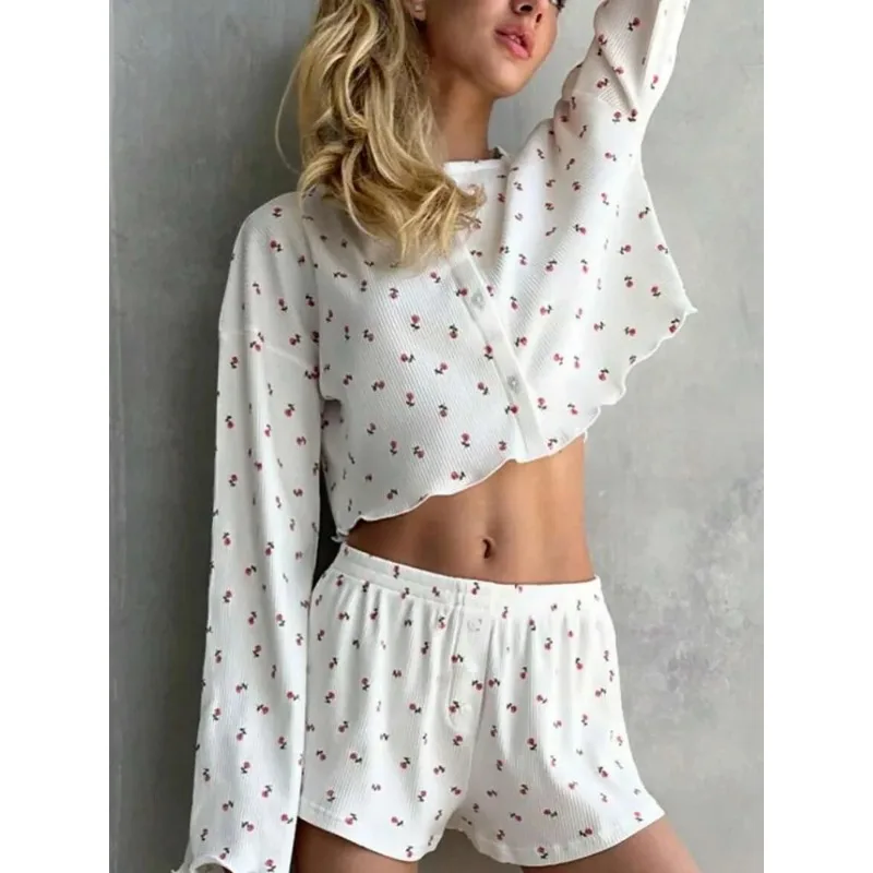 2026 Ladies Cherry Print Pajama Set Long Sleeve Crop Top Shorts Loungewear Sleepwear Homewear 2 Piece Nightwear