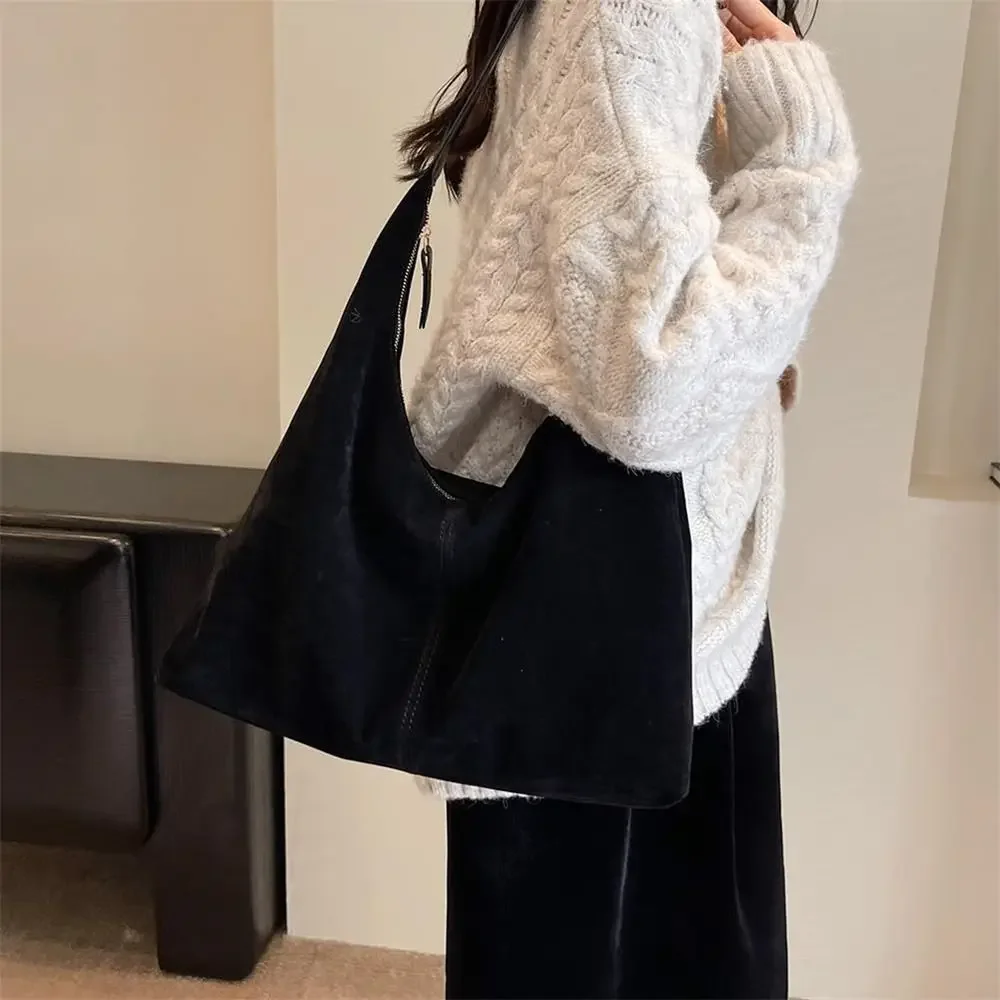Borse invernali in pelle scamosciata marrone per donna Borsa tote slouchy di grande capacità con cerniera Borse hobo da donna