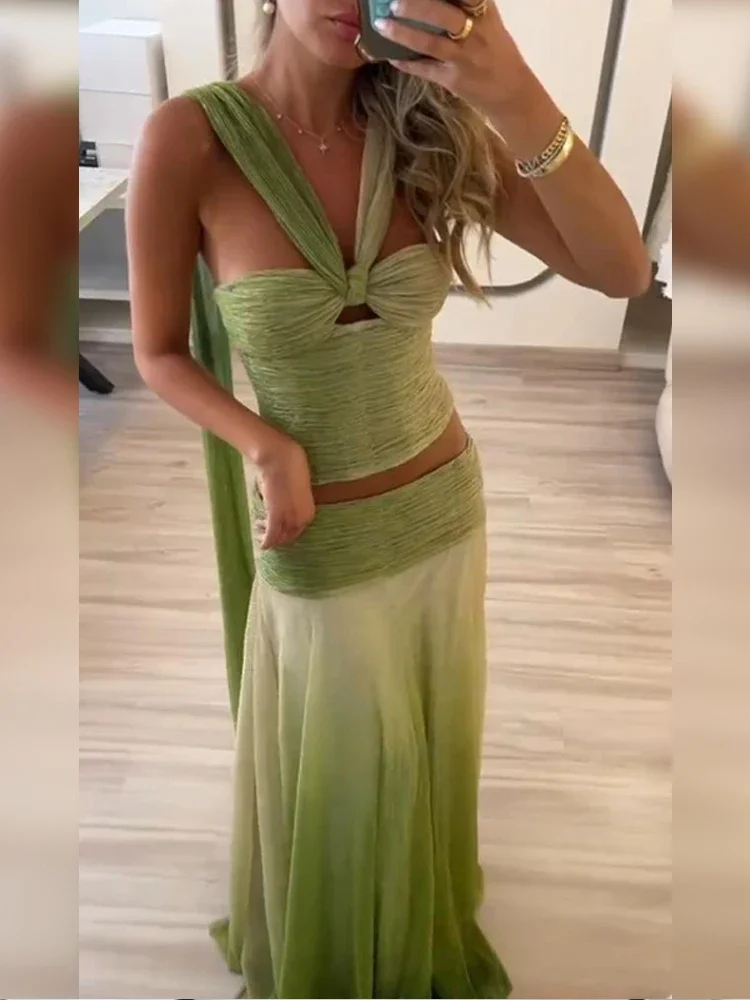 

Градиентные цвета, плиссированный шифоновый жилет, костюм с юбкой, женские сексуальные топы без рукавов с лямкой на шее, длинные юбки, комплект, летние женские праздничные наряды