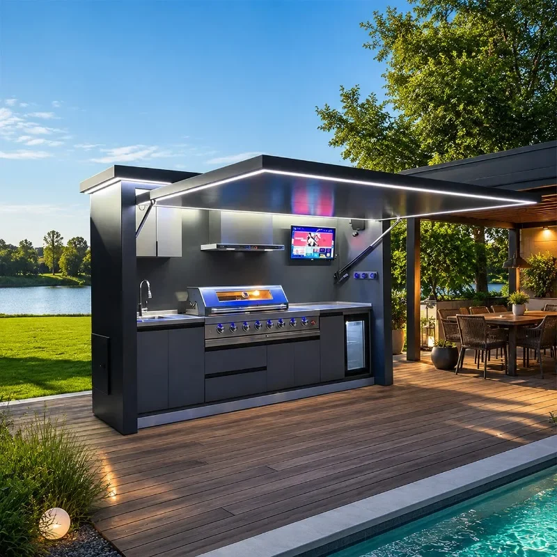 Portable Outdoor Kitchen Island Custom Waterproof Aluminum Cabinets Patio Cooking Station with BBQ Grill