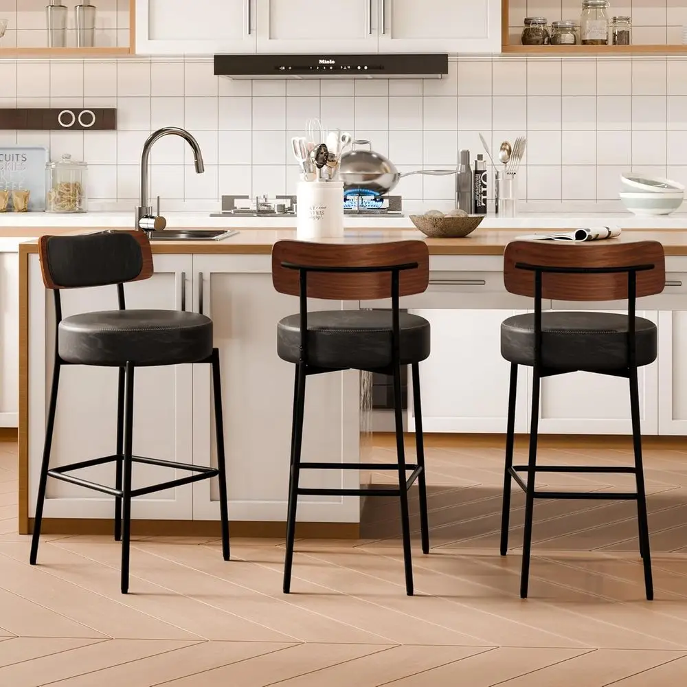 

Набор из 3 черных барных стульев с деревянной спинкой и кожаной обивкой, высота 24 дюйма - для кухонного острова или домашнего бара