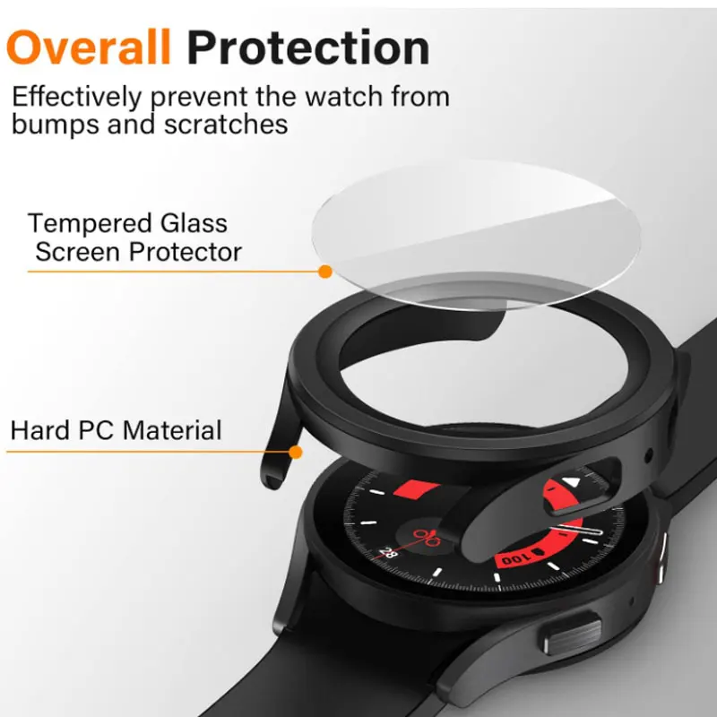 Hard PC Case with Tempered Glass Screen Protector for Samsung Galaxy Watch 5 Pro 45mm Scratch Resistant Protective Watch Cover