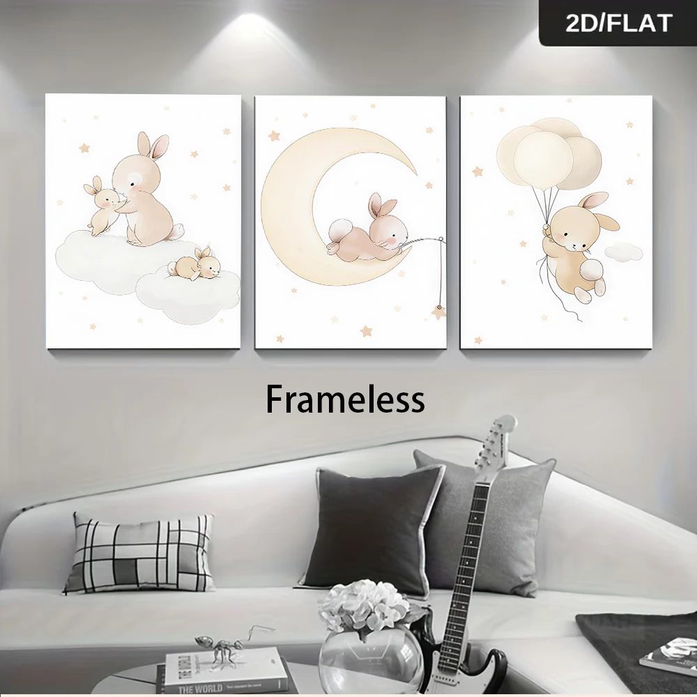 1 set of cozy children's room decorative paintings: Cartoon rabbit, moon, and balloon triptych frameless painting, 2D flat desig
