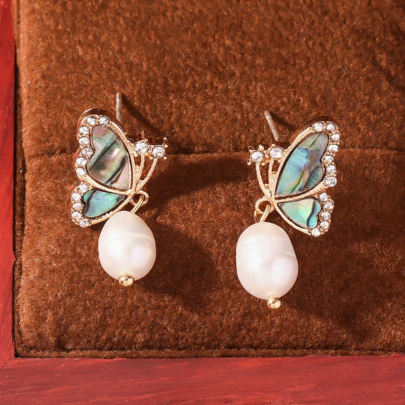 Super fairy temperament natural freshwater pearl stud earrings green abalone fritillary colorful butterfly earrings light luxury
