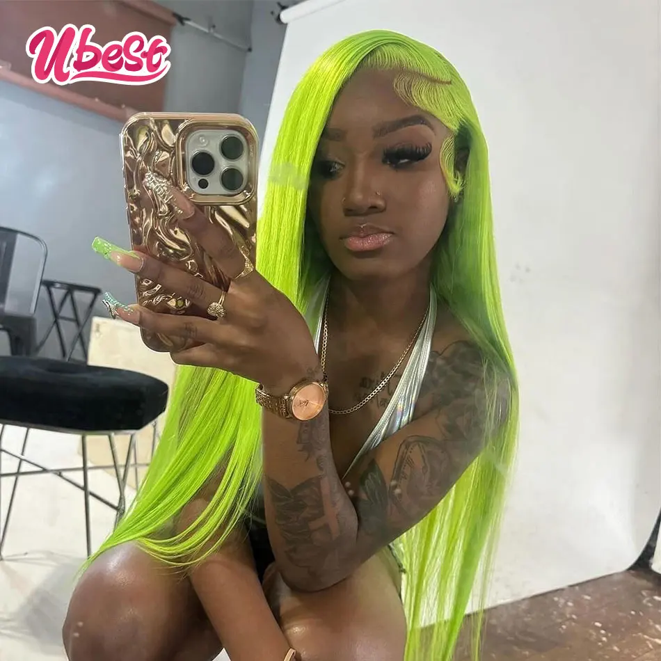 Perruque Lace Front Wig naturelle brésilienne lisse, couleur verte, 13x6, 613 de densité, perruque Lace Wig transparente, pour femmes, 180%