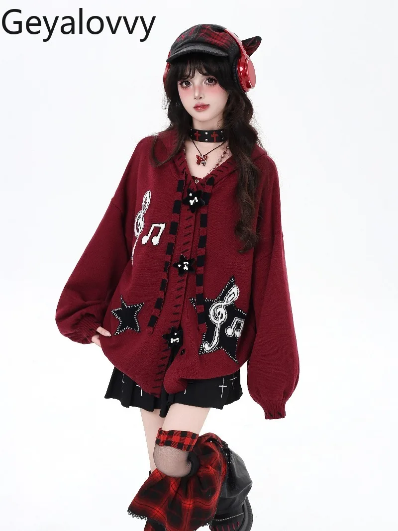 اليابانية الأصلية الجديدة الأسود والأحمر الحلو بارد فضفاض سترة محبوكة فانوس كم واحدة الصدر مقنعين سترة سترة