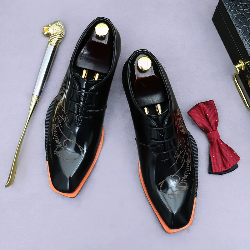 Youth Trend Oxford Shoes Brogue Men's Business Formal Leather Shoes Genuine Leather Casual Glossy British Style Lace Up Footwear