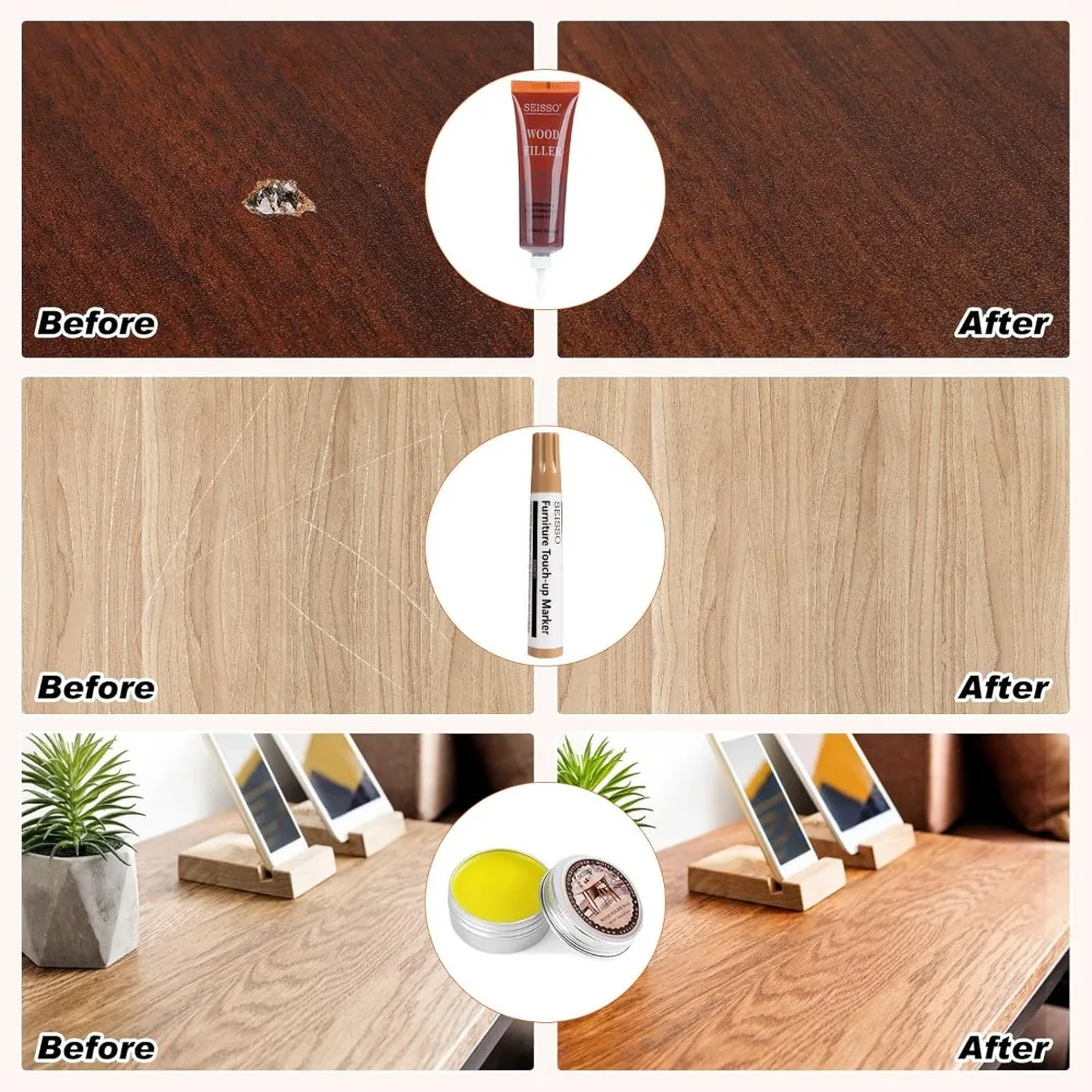 Kit de reparo de móveis de madeira SEISSO, atualizam enchimentos de madeira com marcadores de retoque e cera polonesa para sofás, creme de restauração