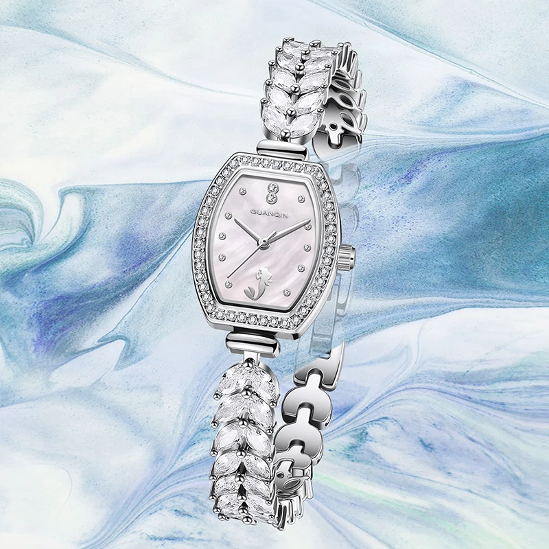 GUANQIN Luxury Quartz Watch for Women Mermaid Collection Mother-of-Pearl Dial Stainless Steel Case 30M Waterproof Lady Watches