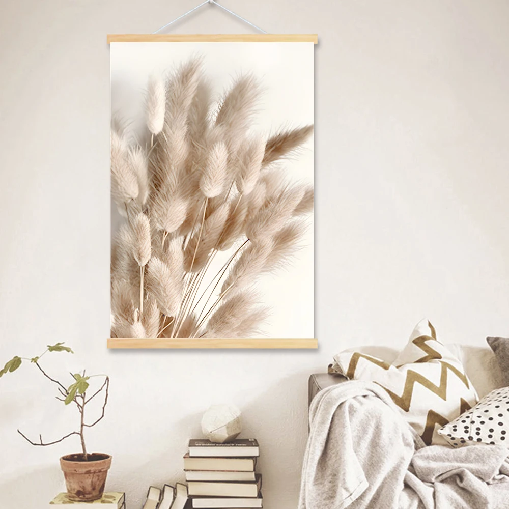 Botanical Nature Solid Wood Hanging Paintings Floral Reed Canvas Art Grass Seascape Pier Scenery Aesthetic Artwork Room Home Dec