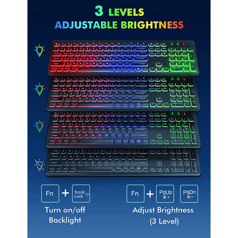 Jomaa Colors Backlit Wireless Keyboard and Mouse Set Rechargeable USB+Type-c Full-Size Ergonomic Keyboard and Mouse Comb