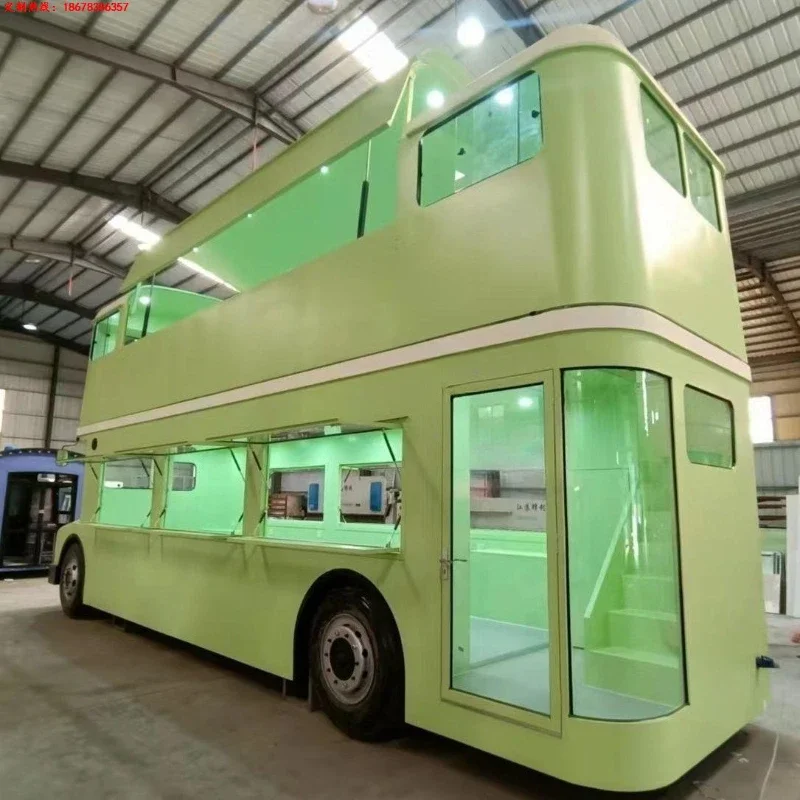 Mobile double-decker bus, retro vending barbecue, four-wheeled electric dining cart, stalls, food, multi-functional snacks, coff