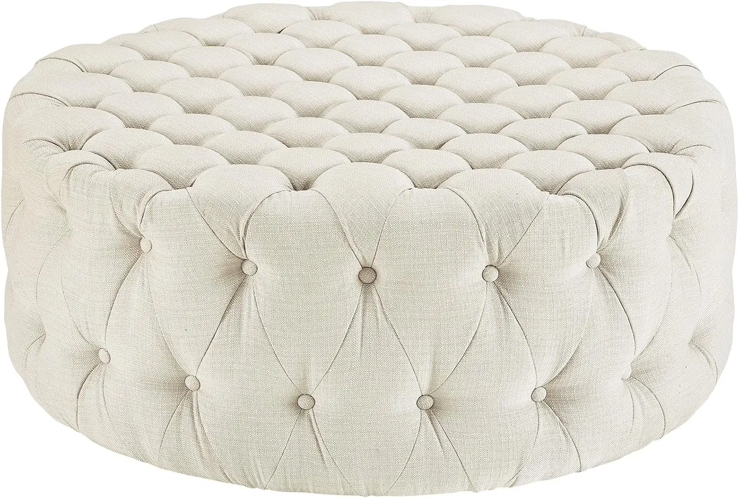 

Fabric Upholstered Button-Tufted Round, Ottoman, Beige