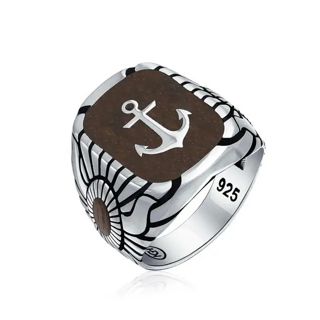 

Epic Look Wood Inlay Anchor Sterling Silver Ring for Men Vater's Day Birthday Gift