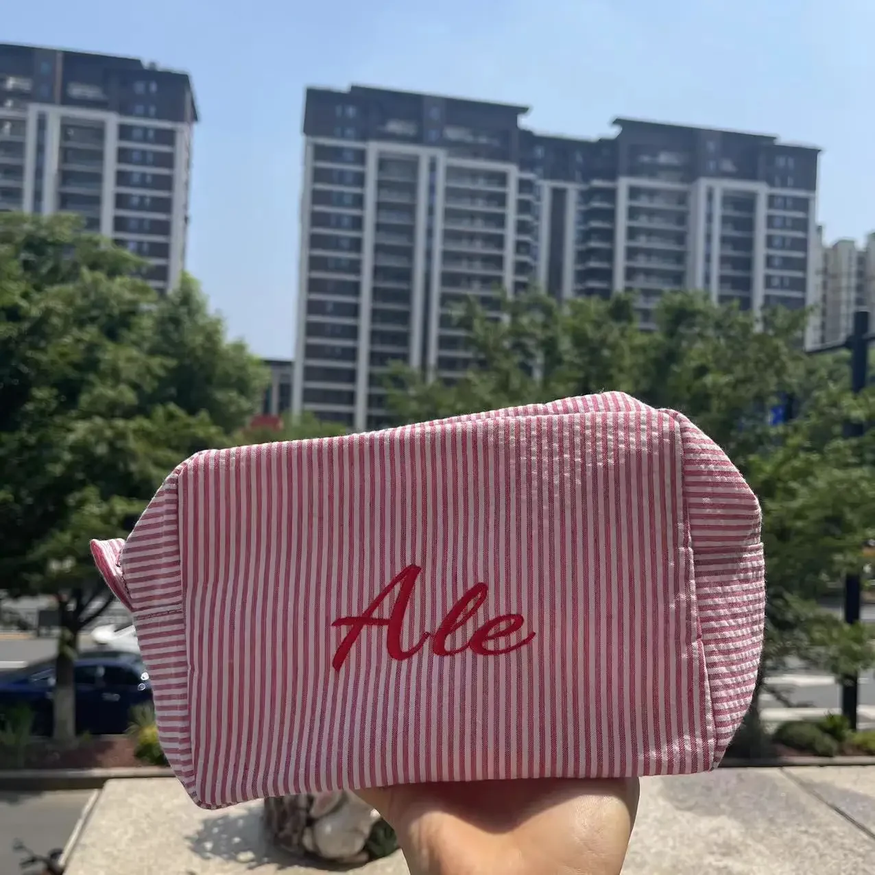 

Personalized Seersucker Cosmetic Bag, Monogrammed Toiletry Bag, Embroidered Make Up Bag,Bridesmaid Makeup Bag, Bridesmaid Gift