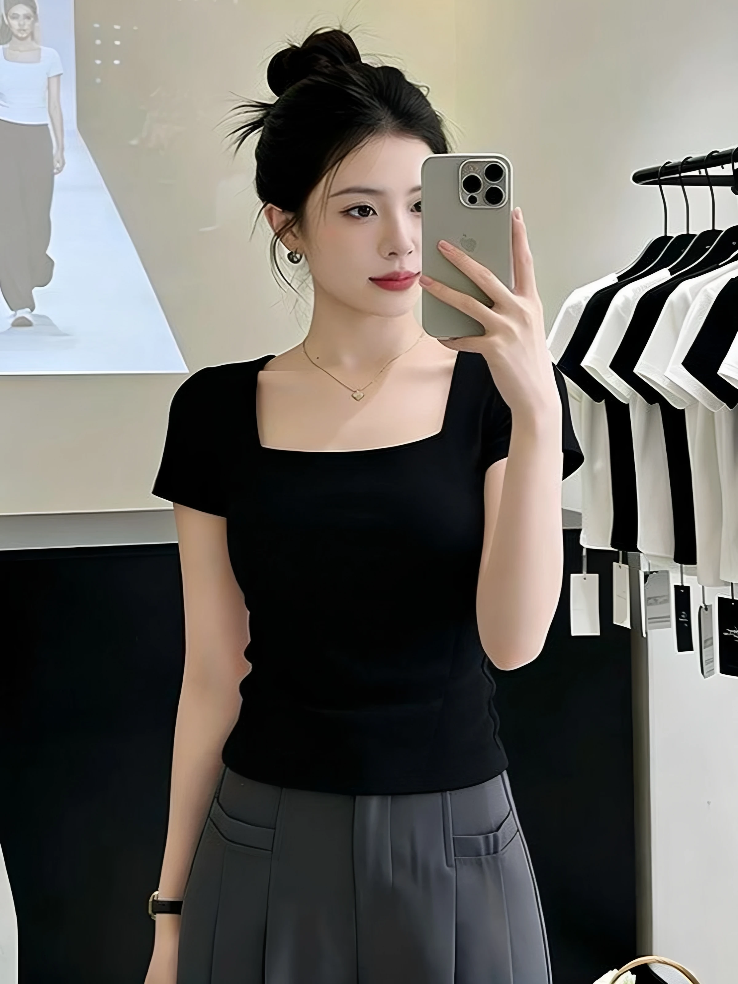 Summer Slim Fit Short Sleeve T-Shirt 95 Cotton Square Collar Women's plus Size Base Shirt Inner Wear Casual Comfortable Top