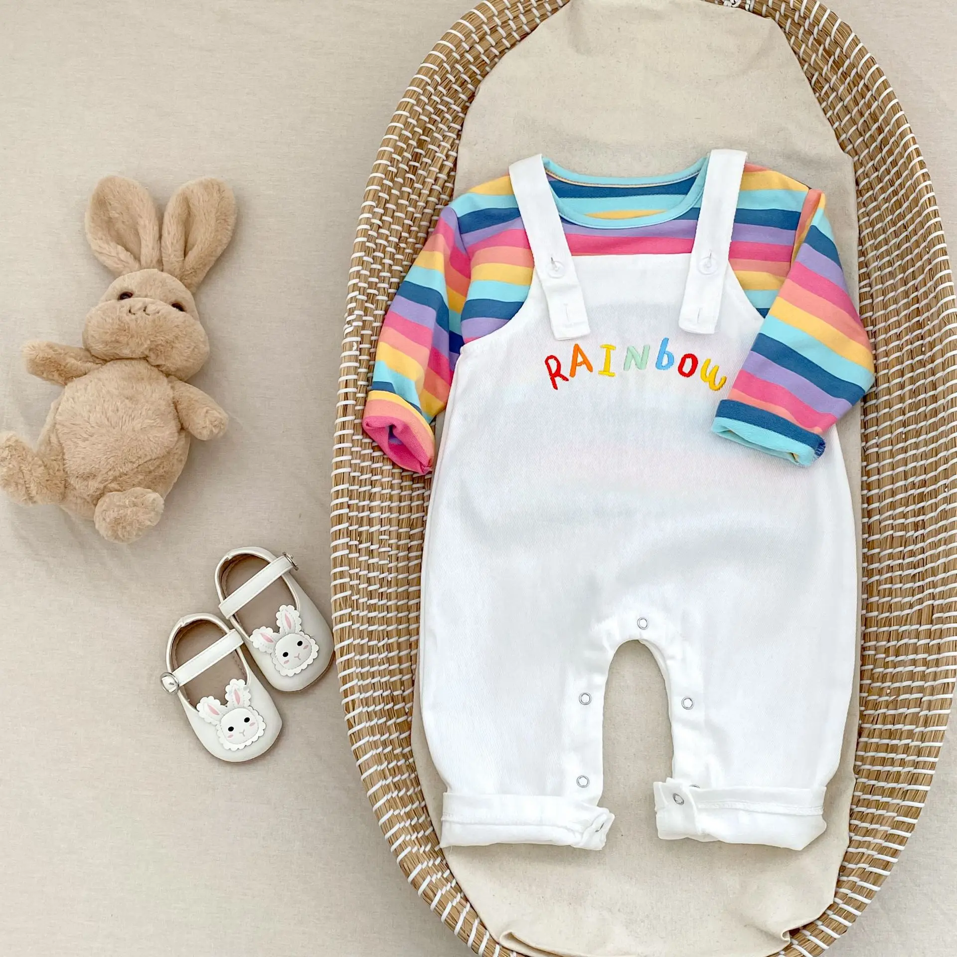 2025 Fall Unisex Baby Rainbow Stripe Long Sleeve Top + Overalls 2-Piece Sets with Embroidery for Infant 0 To 4 Years