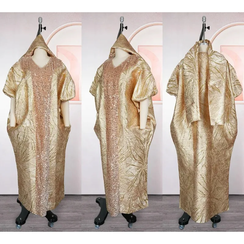 Elegante champanhe lantejoulas vestido africano para mulheres manga curta plus size muçulmano robe para festa à noite casamento nova chegada