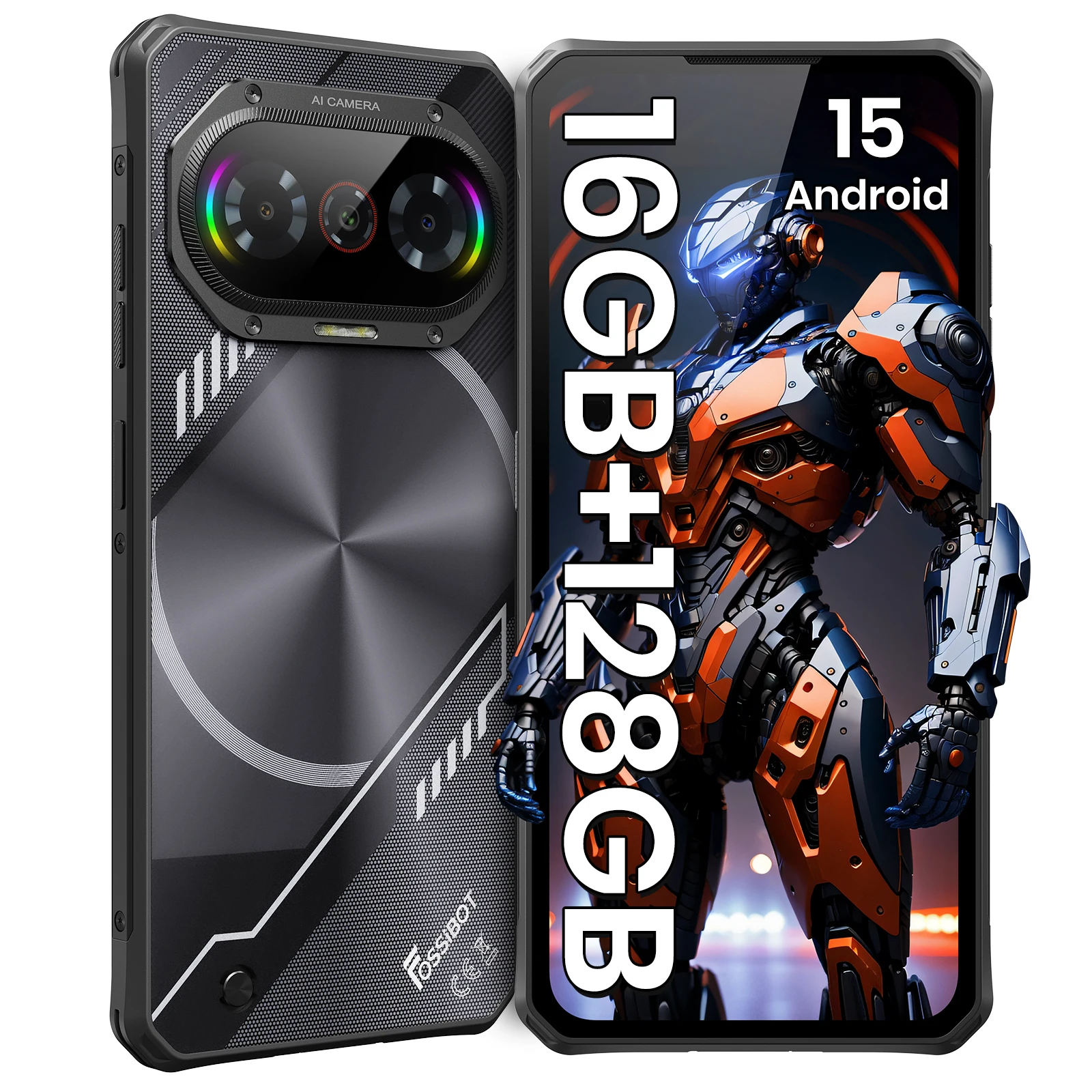Fossibot F114 Android 15 Ultradunne robuuste telefoon 16 GB (4 + 12) 128 GB 50 MP + 8 MP + 2 MP camera 5000 mAh 18 W 6,67 ''HD + display Smartphone
