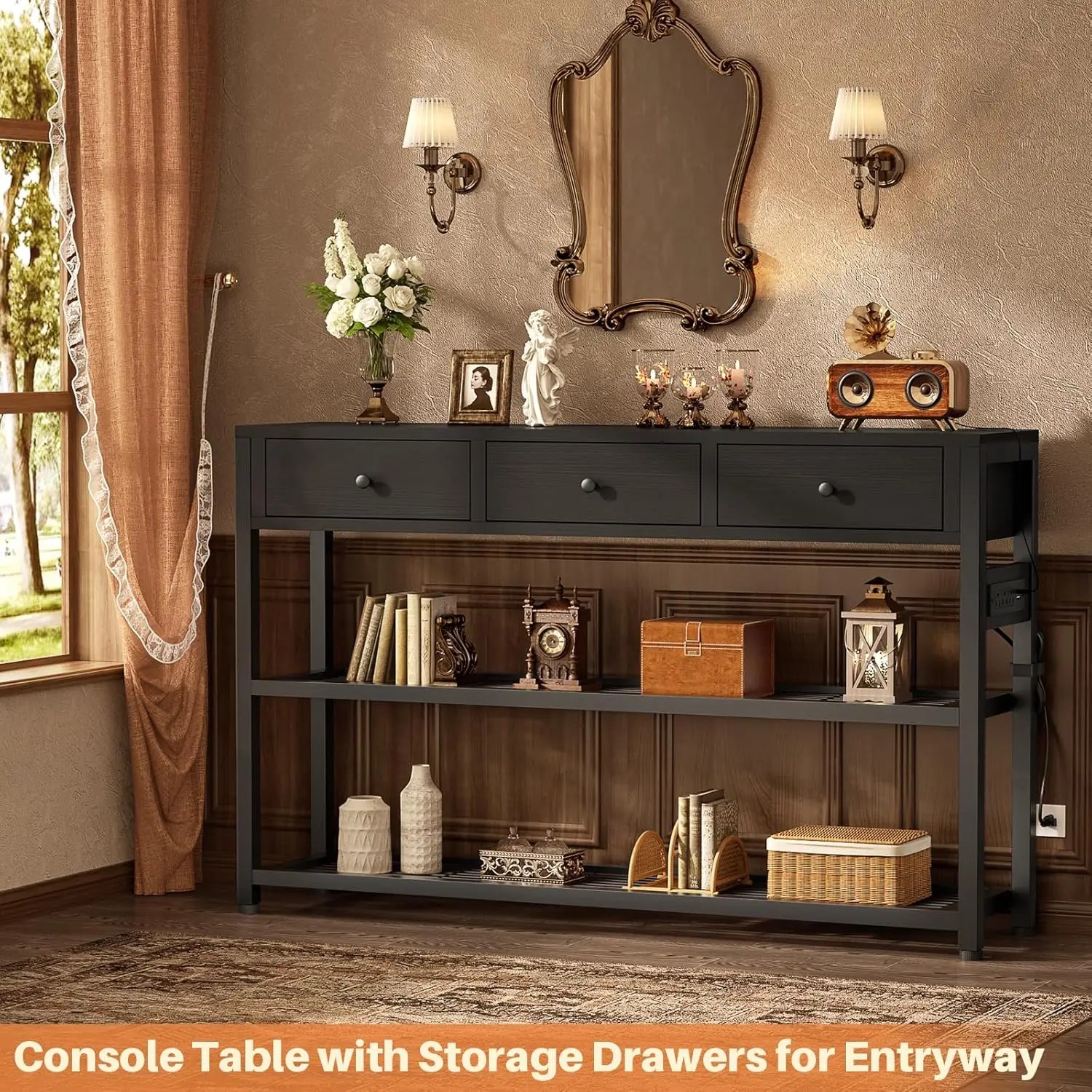 47'' Entryway Table with Outlets, USB Ports & 3 Drawers - Modern Narrow Console for Living Room, Hallway, Kitchen