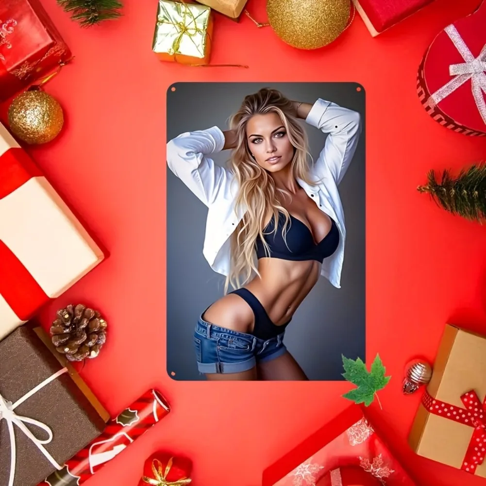 لافتة فنية جدارية من الألومنيوم مستوحاة من الطراز العتيق - امرأة أنيقة في وضعية البيكيني، مقاومة للماء والغبار، مثالية للمنزل والبار #6