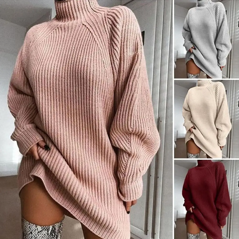 من المألوف فضفاض كسول نمط فستان متماسكة عادية شتاء جديد وصول المرأة فستان كم كامل الياقة المدورة الرقبة فستان ميدي