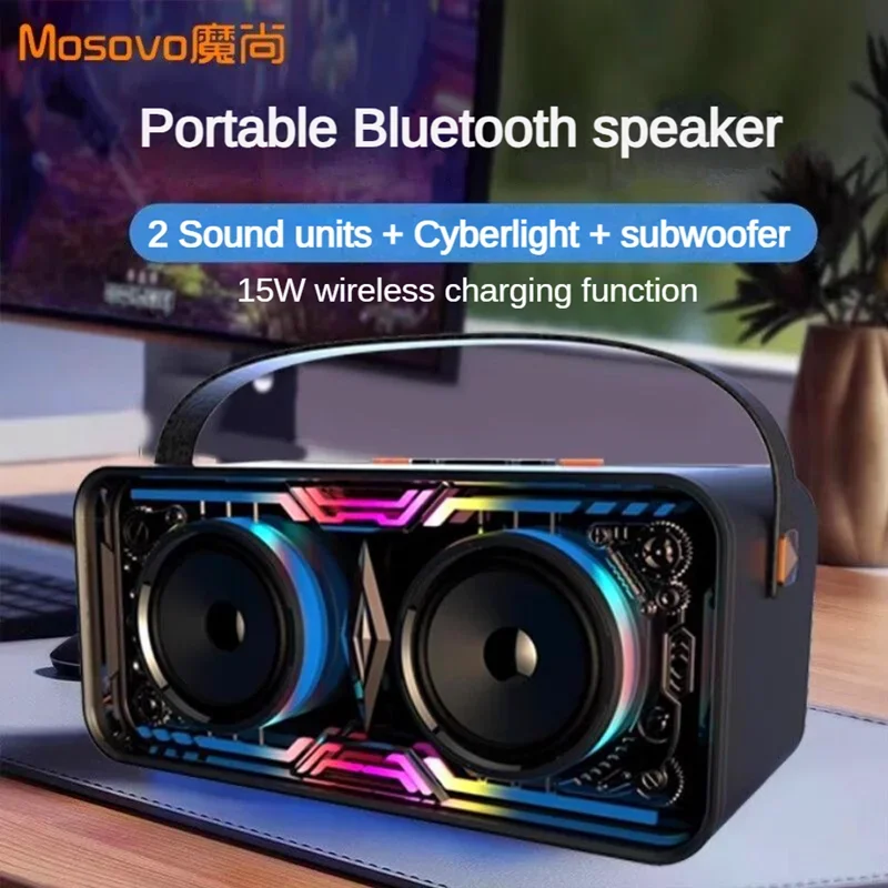 Bluetooth多機能ワイヤレス充電スピーカー,FM TFカード,音楽プレーヤー,TWSステレオ,家庭用Hi-Fiサウンド,RGBライト,透明メカ