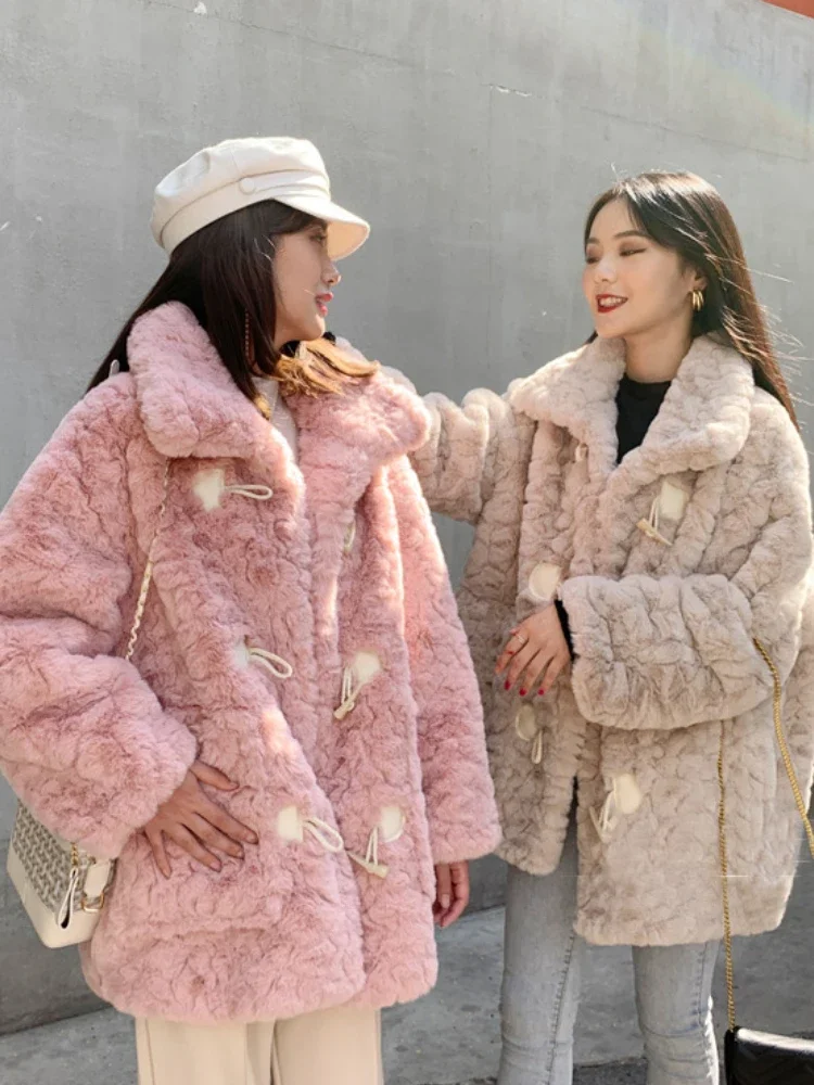 

Winter Plus Size Mid-Length Duffle Button Loose Straight Thickened Plush Coats Women Imitation Rex Rabbit Fur Coat Women Jacket