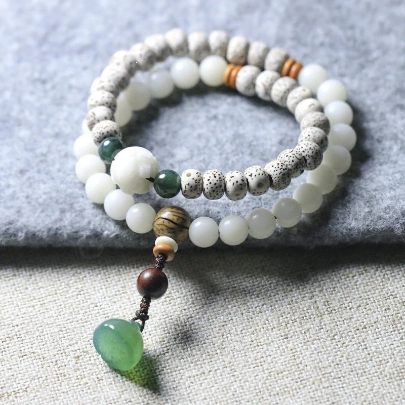 Hainan-Moon Bodhi Root Bead , Double-Layer Beaded Bracelet Men And Women, White Jade Buddha Beads, Decorative J