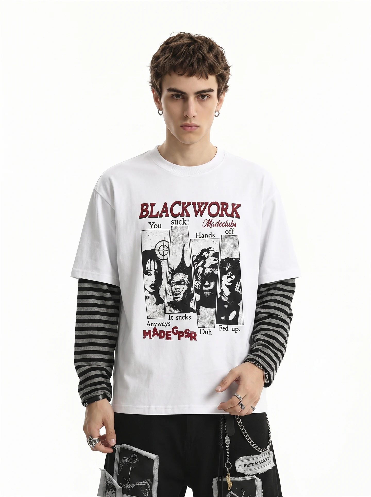 BETEBULE American Street Style Long Sleeve T-Shirt Men's Autumn New Striped Fake Two-Piece Printed Character Letter T-Shirt