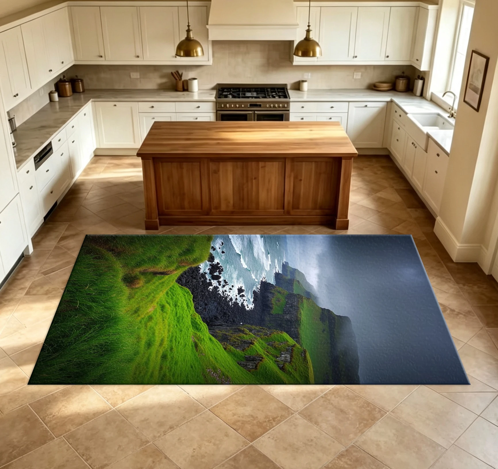 Misty Green Coast Cliff Seaside Carpet Ocean Waves Rocky Coastline Natural Landscape Floor Carpet Suitable for Home Room Decoration