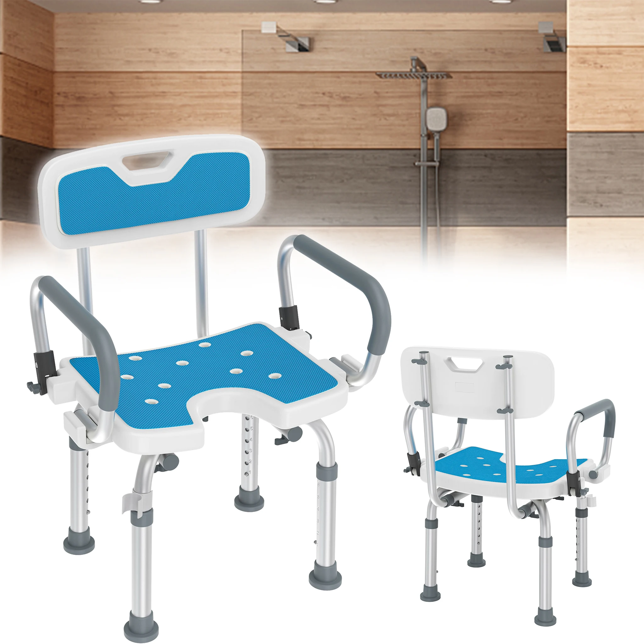 Chaise de douche réglable en hauteur avec accoudoirs et dossier rabattables amovibles, tabouret de douche antidérapant avec assise et dossier rembourrés en EVA, siège de bain en forme de U pour salle de bain, 6 niveaux, 73,5-86 cm, charge maximale 150 kg