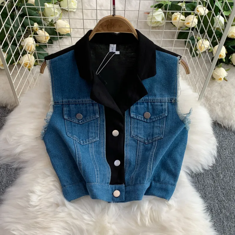 ANJY Spring Summer New Women Fashion Denim Suit Niche Color-Block Sleeveless Vest Casual Ins Wide Leg Pants Two-Piece Set A21774