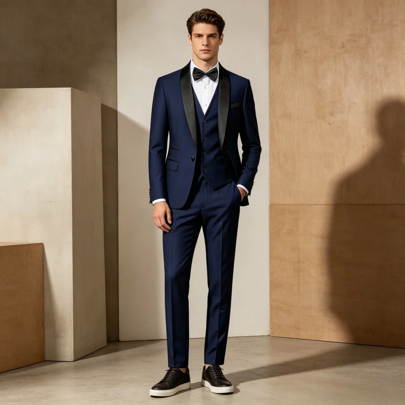 

Men Suits Single Breasted Blazer Sleeveless Vest Three Pieces Solid Straight Ankle Length Pants Bow Business Wedding Jacket 2026