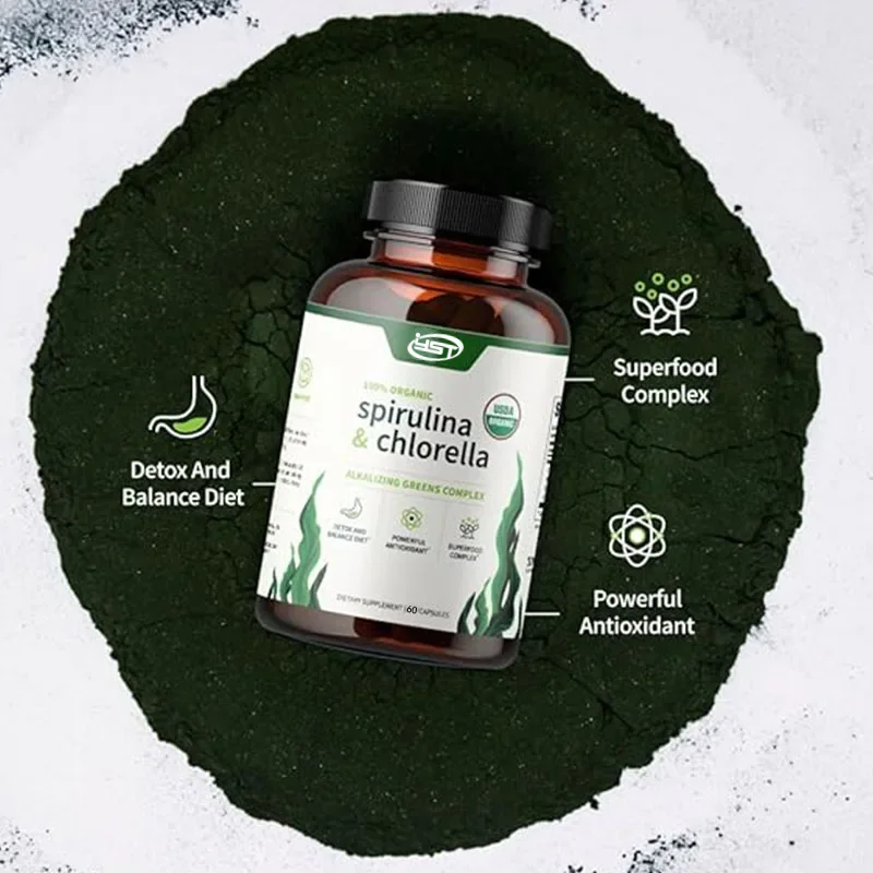 Chlorella Spirulina Capsules - Natural Energy and Glucose Control - Plant Vitamins and Powerful Antioxidants