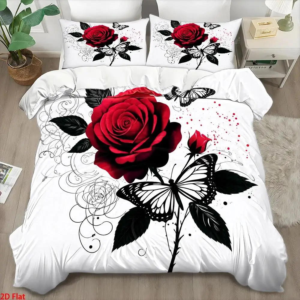 3Pc Light Luxury Rose Butterfly Print Duvet Cover Set Modern Minimalist Polyester Bedding Set Invisible Zipper Machine Washable