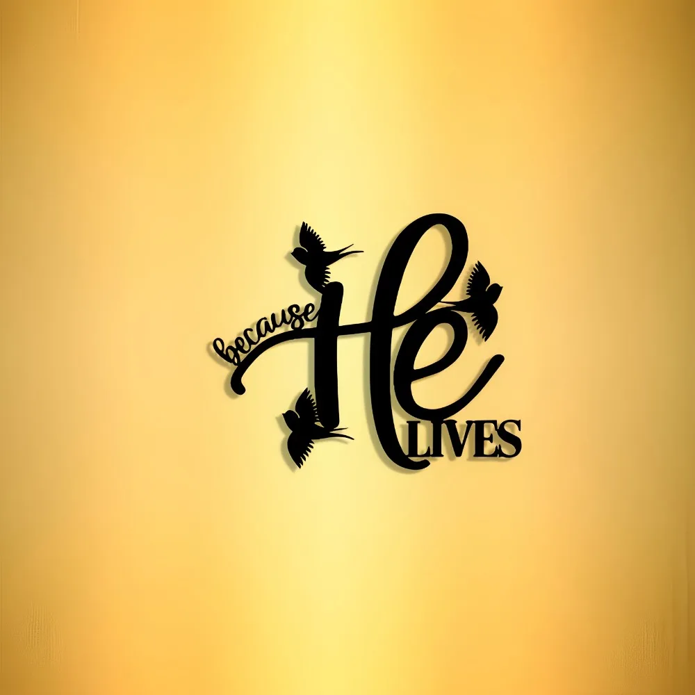 CIFBUY Metal Wall Art He Lives Cross Bird Sign Gold Cursive Religious Decor for Living Room Home Hanging
