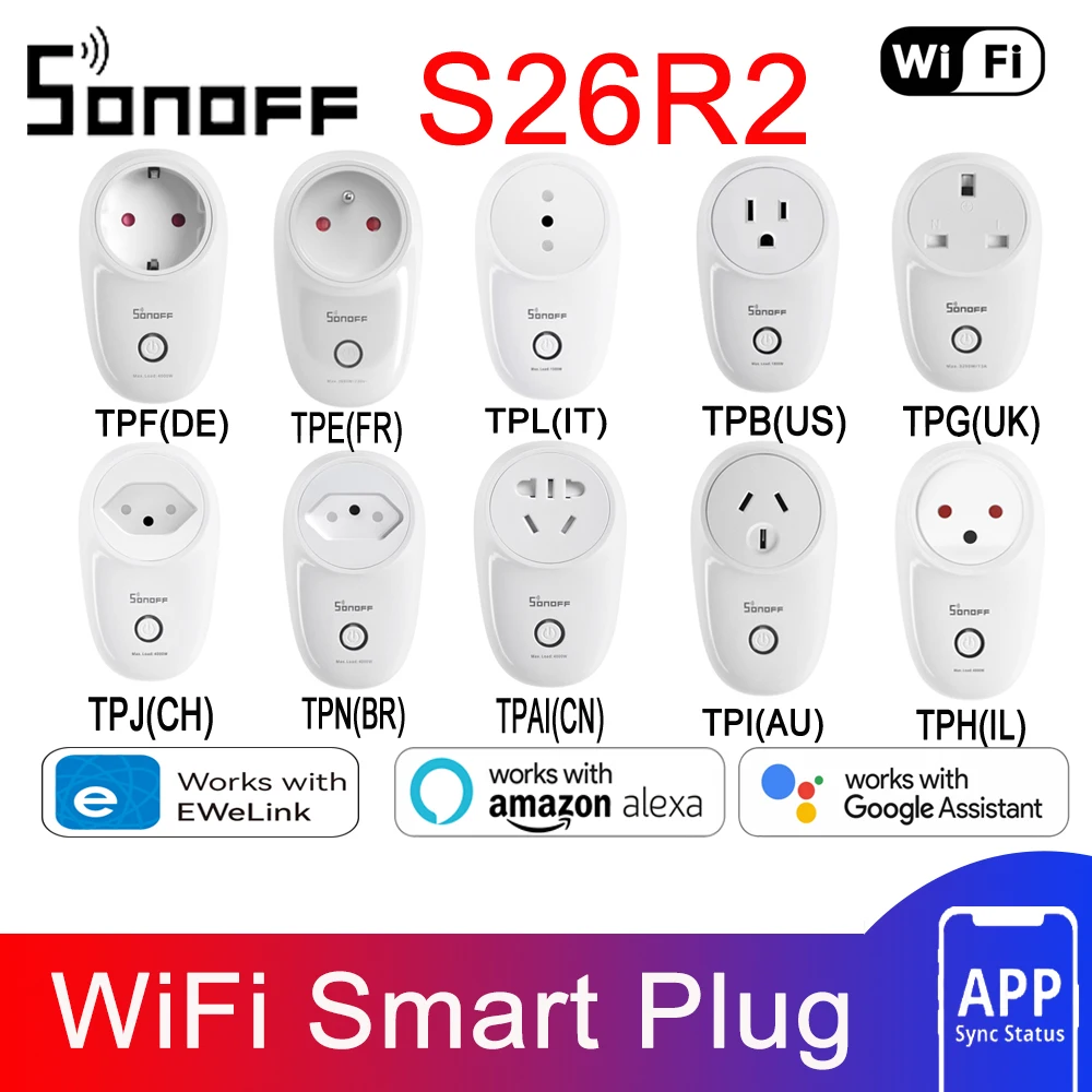 Sonoff s26r2ワイヤレススマートソケットwifiスマートプラグスイッチタイミングスマート音声リモコン経由ewelinkアプリgoogleホームalexa