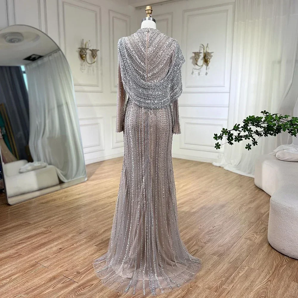 Serene Hill 2024 Muslim Silver Nude Beaded Sparkle Elegant  Mermaid Evening Dresses Gowns for  Party LA70752H Customized