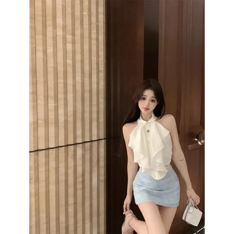 

Women's White Halter Neck Ruffle Layered Sleeveless Blouse Light Blue Mini Skirt Two Piece Set Elegant Party Outfit