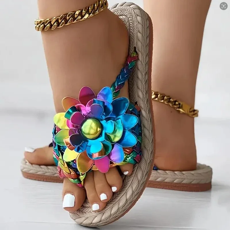 2024 Summer Women Slippers Casual Shoes Flat Vacation Holiday Braided Floral Pattern Slippers Toe Post Beach Flip Flops Slides