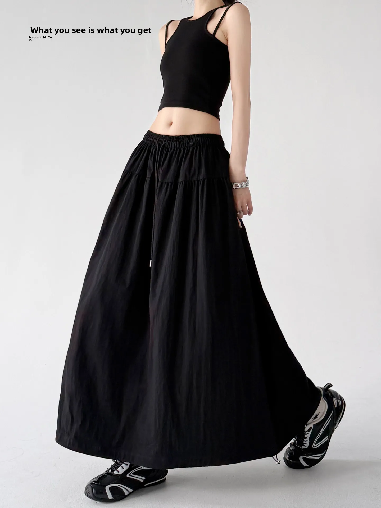 

Stylish High Waist A-Line Midi Skirt for Women in Black Simple Loose Slimming Long Skirt Elegant Sweep Skirt Spring Summer Fa...