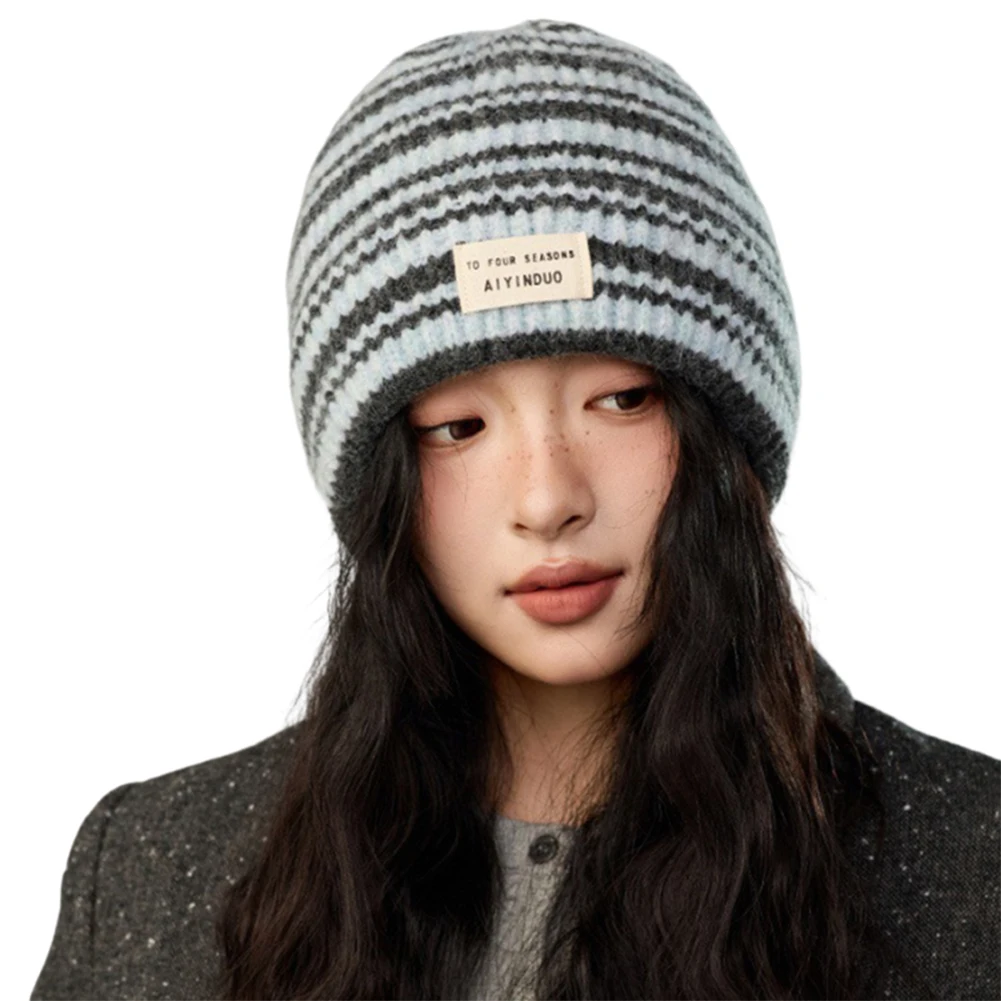 Gorro de lana tejido con pilas para hombre y mujer, gorro de jersey con tiras, gorro holgado y cómodo Unisex para exteriores, gorro cálido a prueba de frío